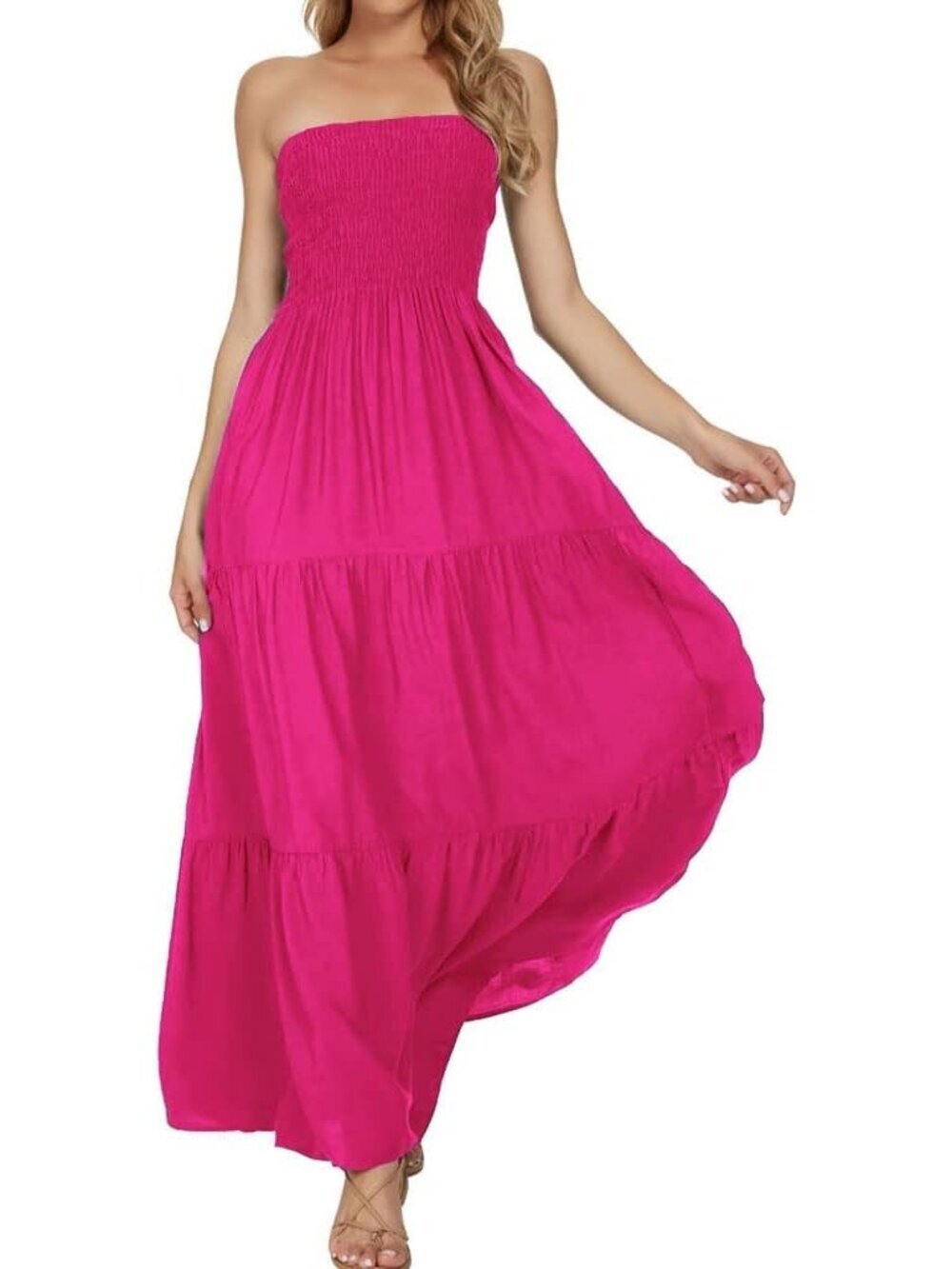 Women's Hot Pink Stylish Tube Top Off Shoulder Boho Beach Long Maxi Dress